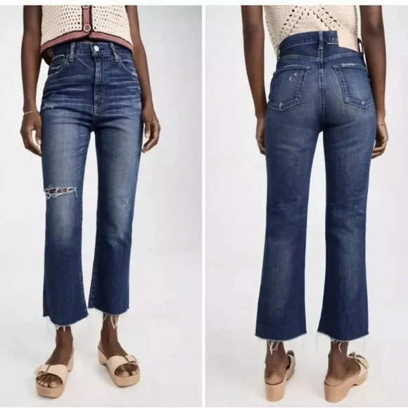 MOUSSY VINTAGE MV Rhode Cropped Flare Hi Rise Jeans in Dark Blue Frayed Size 25 - Picture 1 of 15